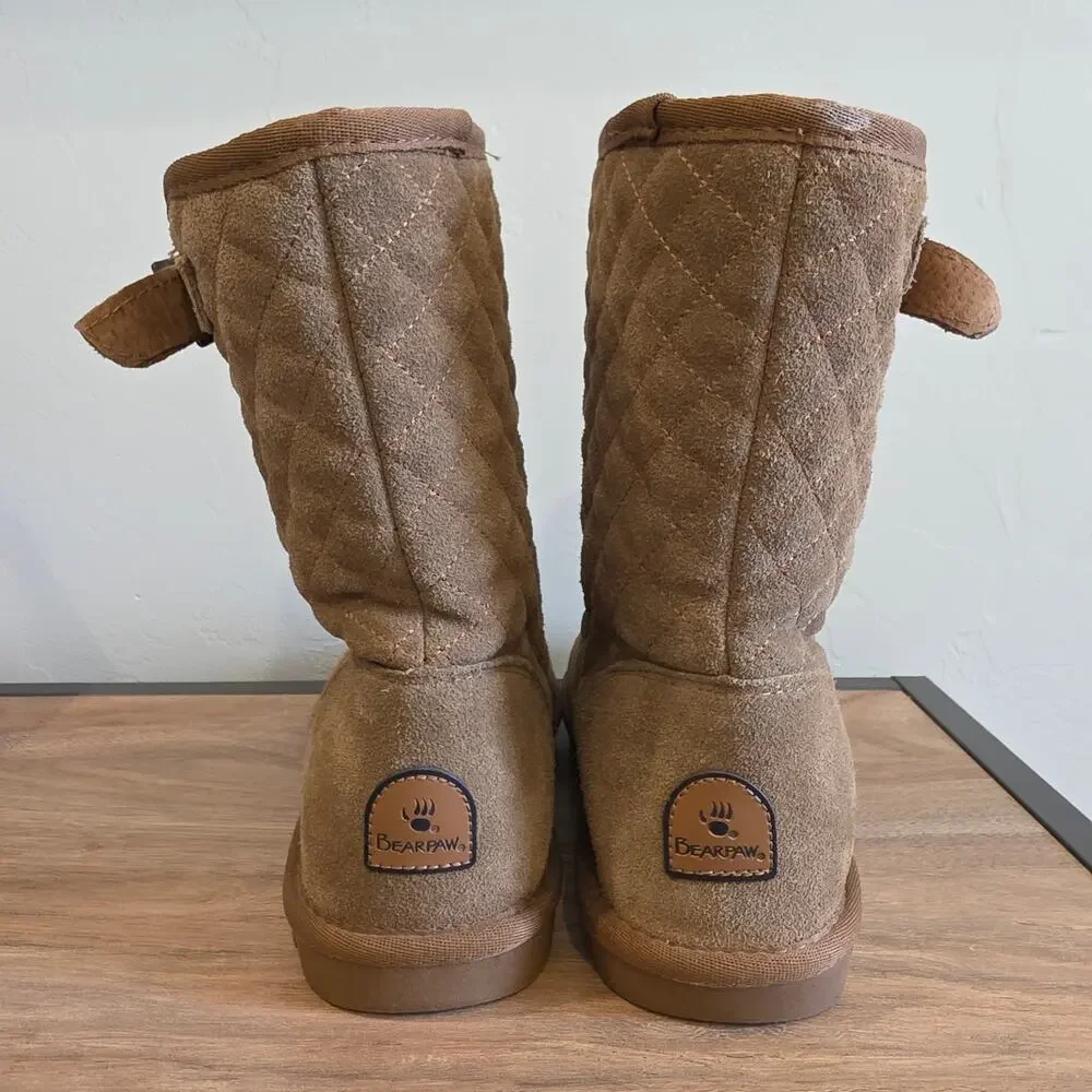 Bearpaw Quilted Suede Mid Calf Boots Women's 10 Brown Sheepskin Wool Lined